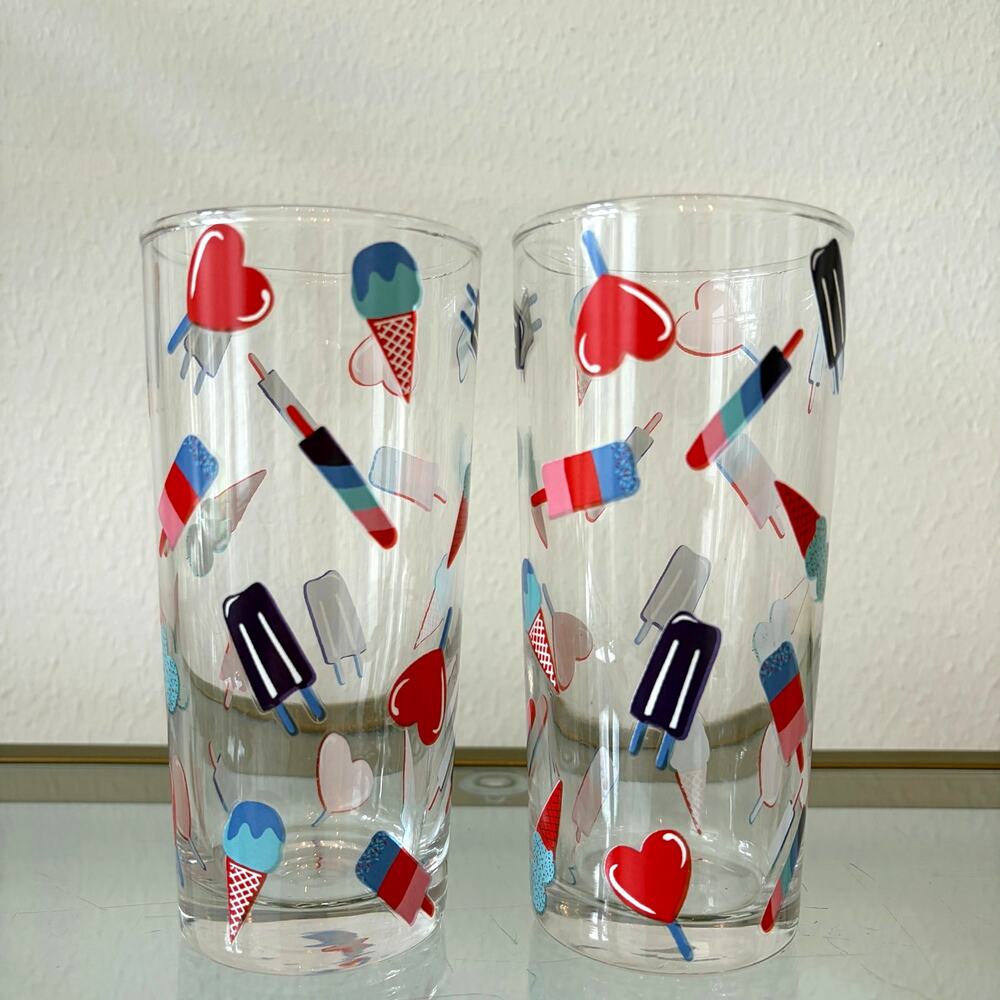 Ice Cream Cones & Hearts Highball Glasses 2pc Red Blue Summer Barware New